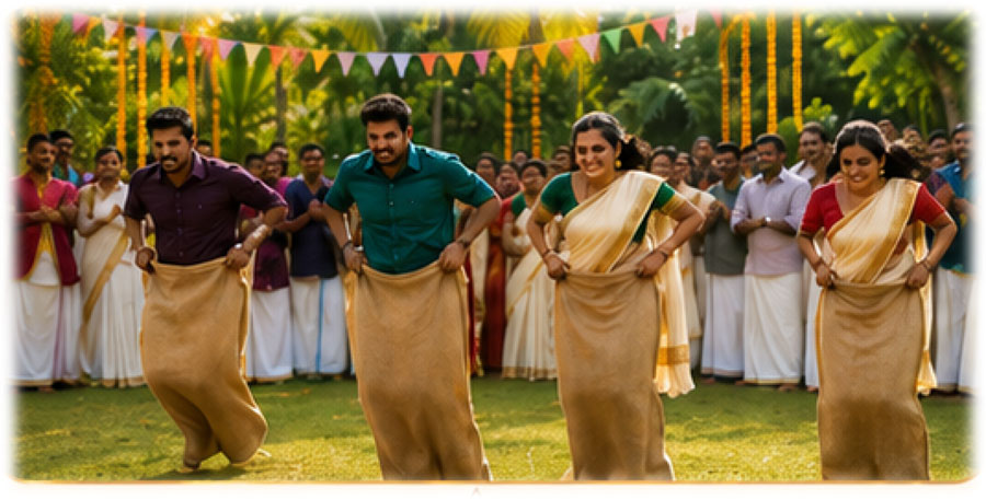 Guests racing in the sack race during the Onam contests