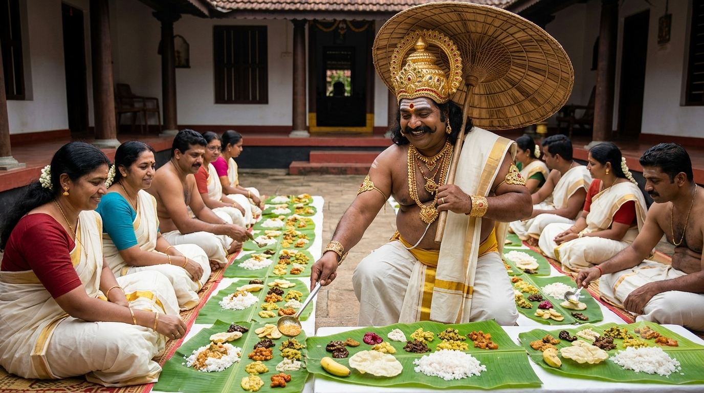 King Mahabali serving the grand Onam sadhya on banana leaves